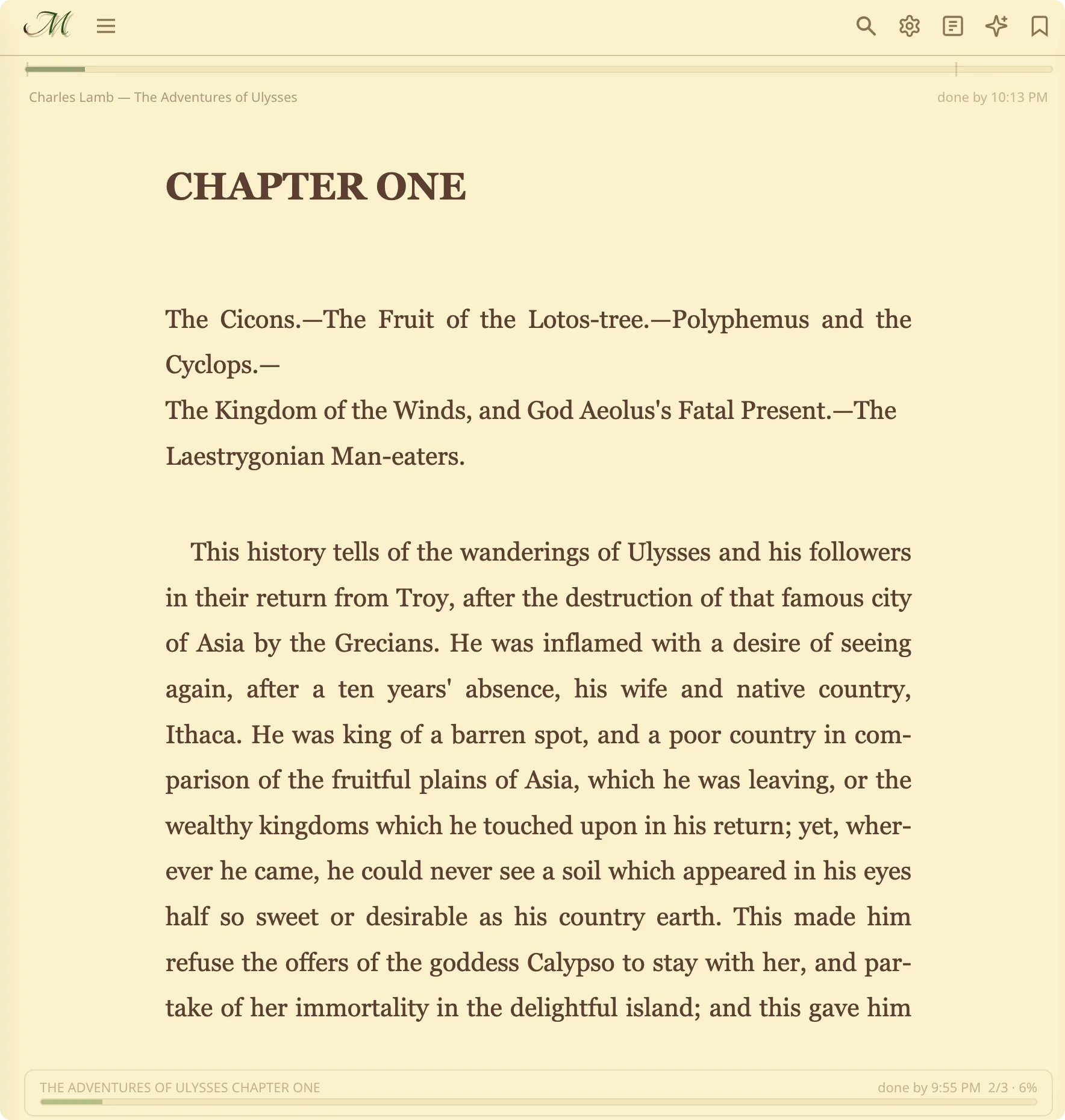 Reader — single column, sepia theme