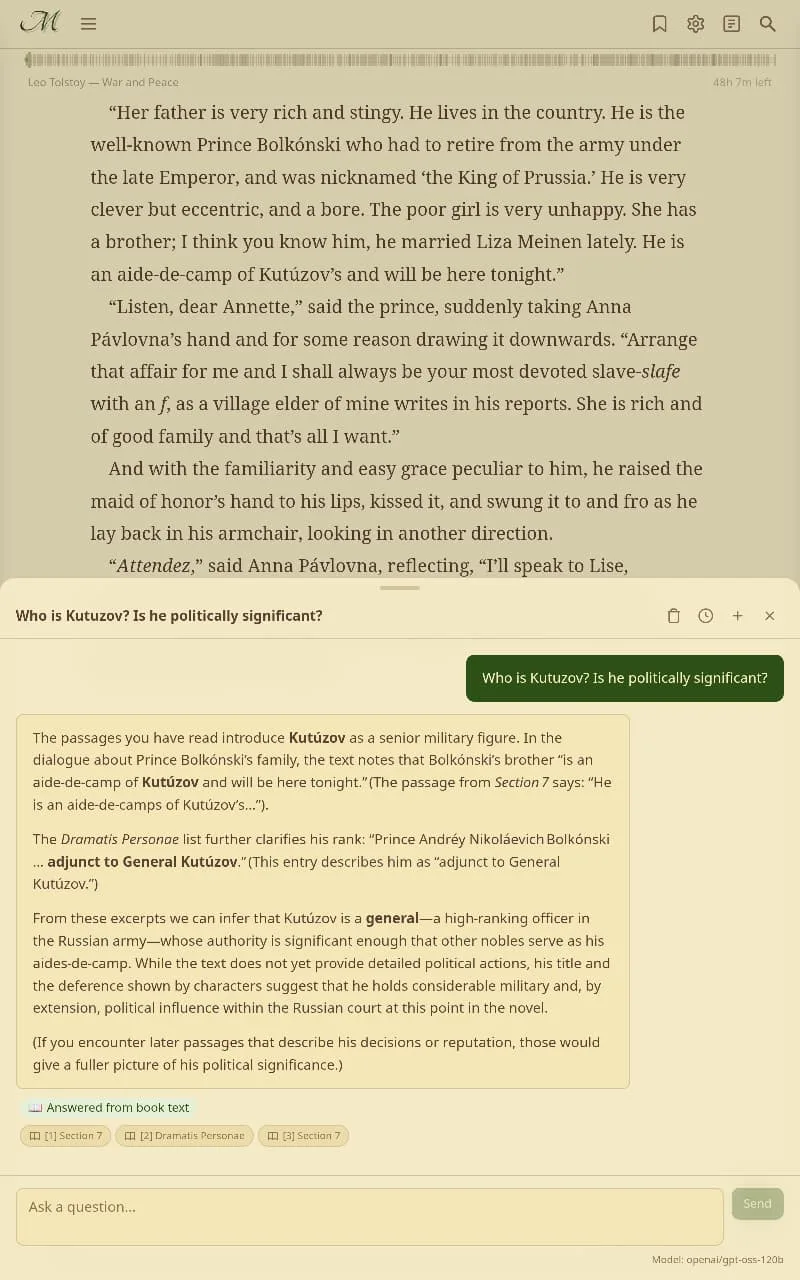 AI chat — spoiler-safe answer about Kutuzov from War and Peace chapter 2